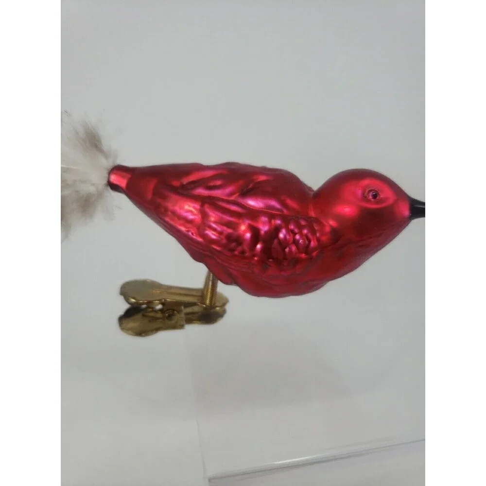 Vintage Blown Glass Red Bird Feather Tail Spring Clip Legs Classic Rare Uncommon
